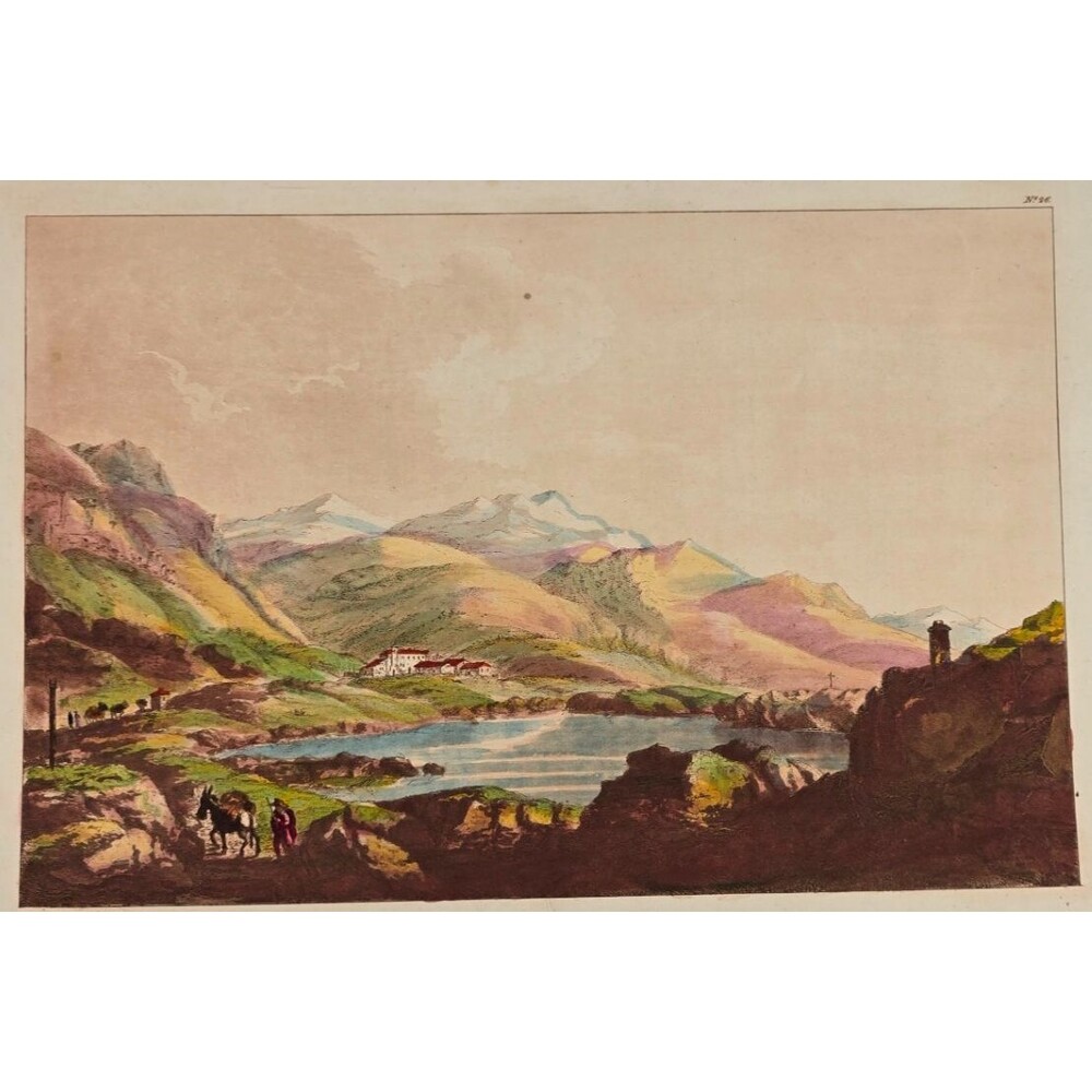 1800 10x17 Colored Engraving of St. Gotthard Hospice, Swiss Alps